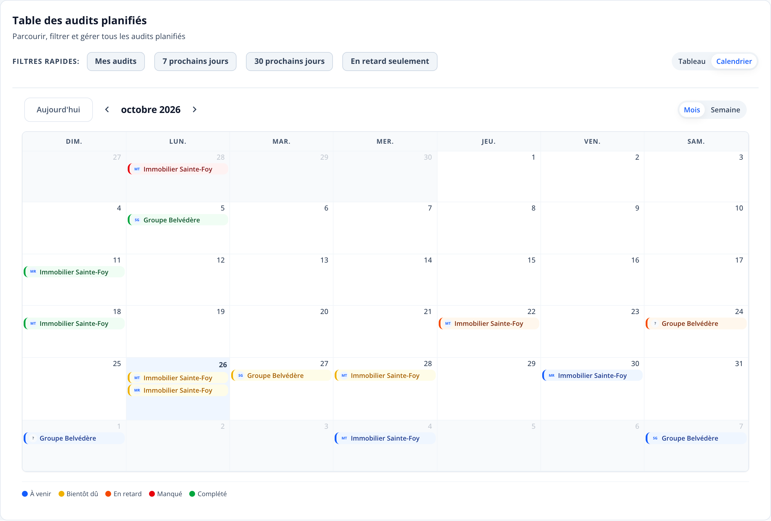 Capture : la vue Calendrier de la table des audits planifiés; chaque audit à sa date, coloré selon son statut, avec la légende.