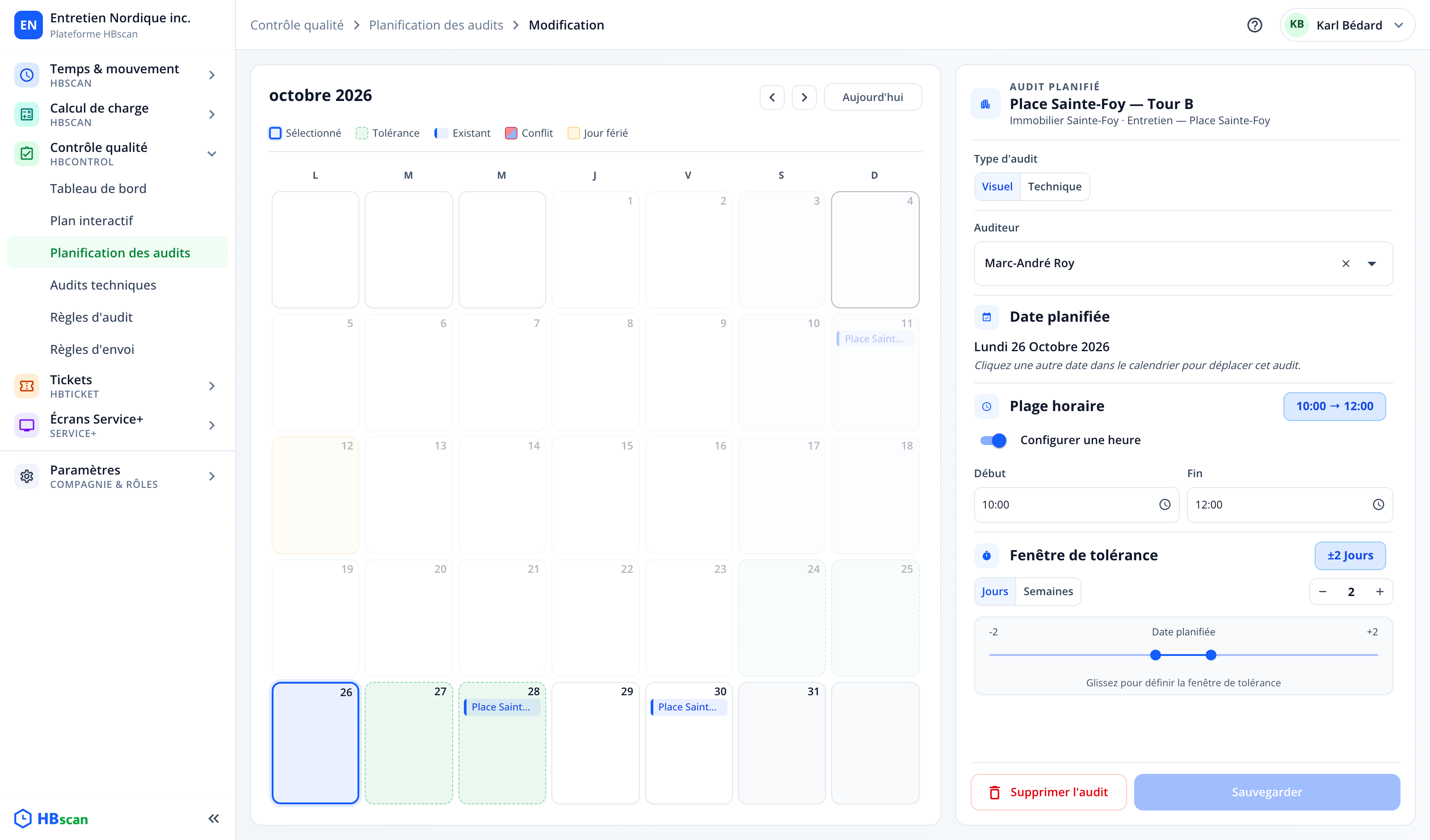 Capture : page de modification d'un audit planifié; contexte de l'immeuble, type, auditeur, date planifiée (déplaçable d'un clic au calendrier), plage horaire, fenêtre de tolérance, boutons Supprimer l'audit et Sauvegarder.