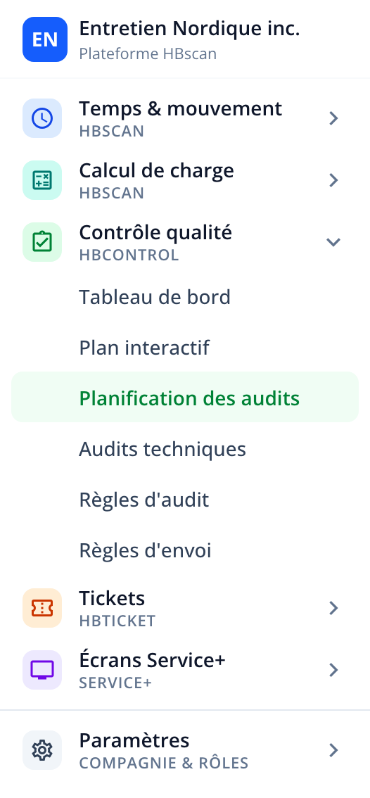Capture: barre latérale du portail, module Contrôle qualité déplié avec la section Planification des audits surlignée.