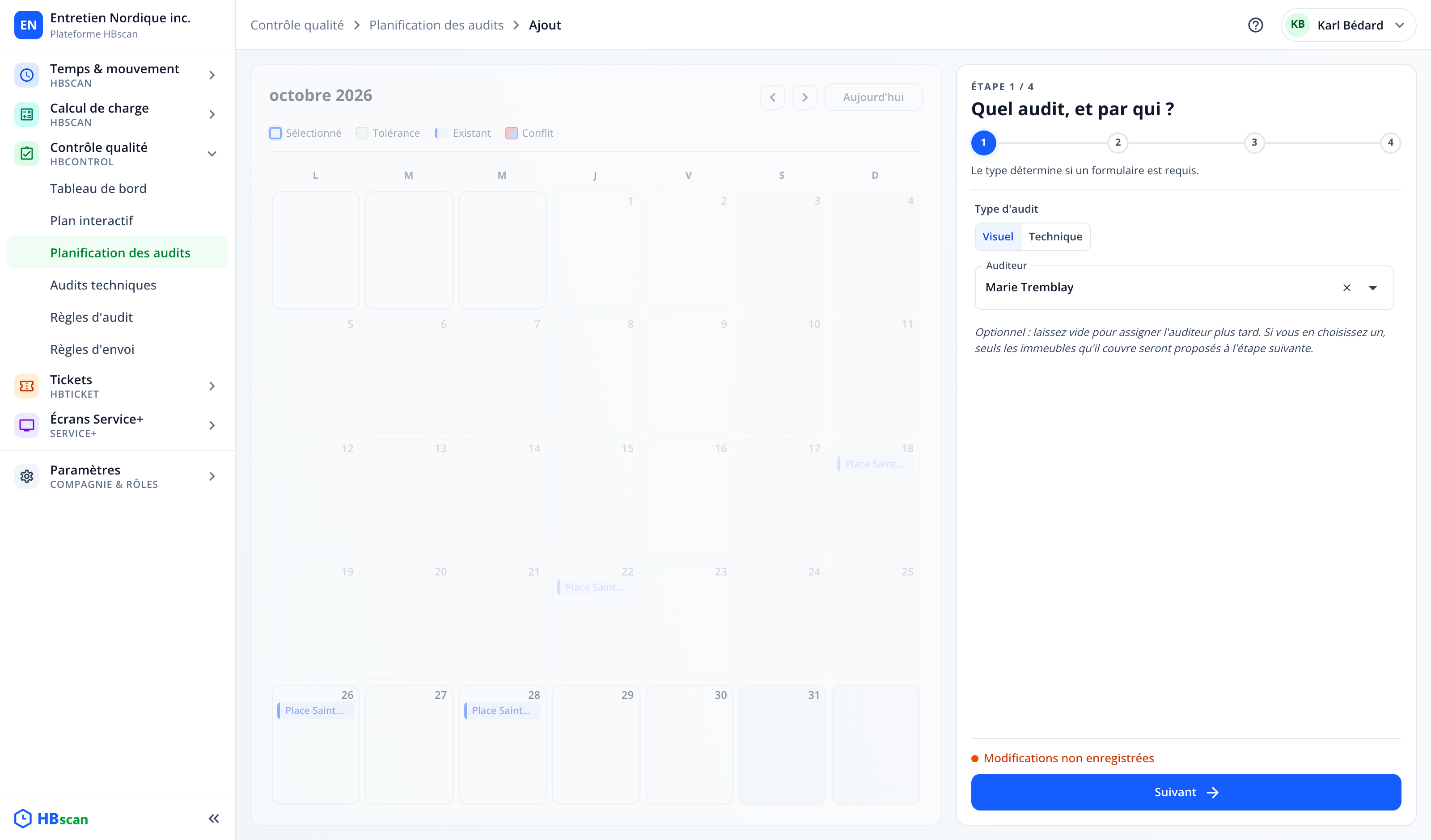 Capture : étape 1 de l'assistant « Quel audit, et par qui ? »; choix du type (Visuel ou Technique) et de l'auditeur optionnel, calendrier estompé à gauche.