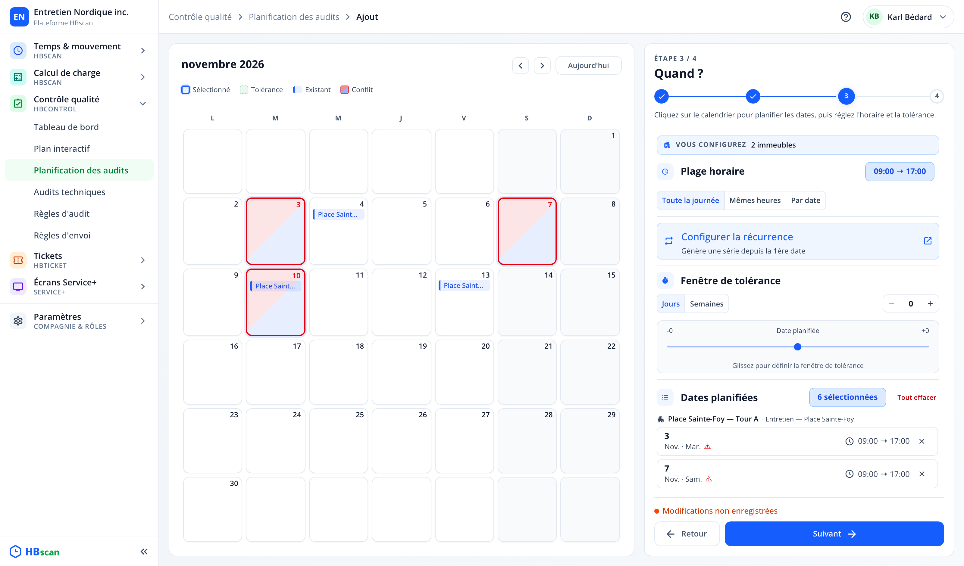 Capture : étape 3 « Quand ? »; dates posées au calendrier (légende Sélectionné, Tolérance, Existant, Conflit), plage horaire, récurrence, fenêtre de tolérance et liste des dates planifiées.