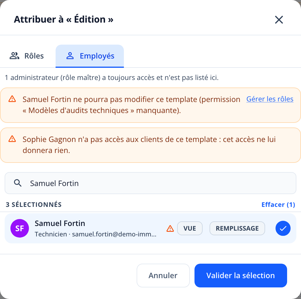 Capture : fenêtre « Attribuer à « Édition » » avec Samuel Fortin coché, un triangle orange sur sa ligne et l'alerte de permission « Modèles d'audits techniques » manquante.
