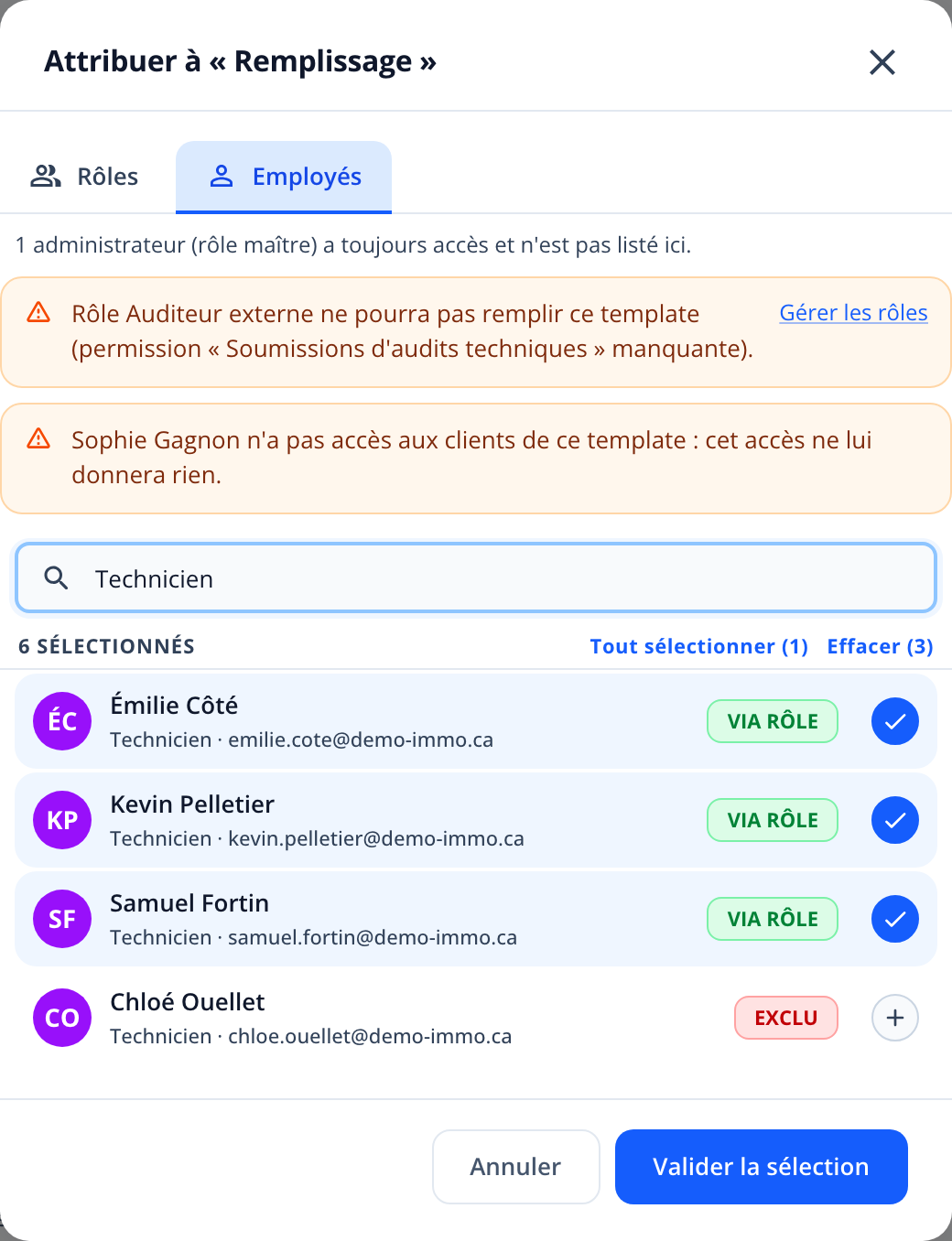Capture : onglet Employés de la fenêtre d'attribution, filtré sur Technicien; trois techniciens portent l'étiquette « VIA RÔLE » et Chloé Ouellet l'étiquette « EXCLU ».