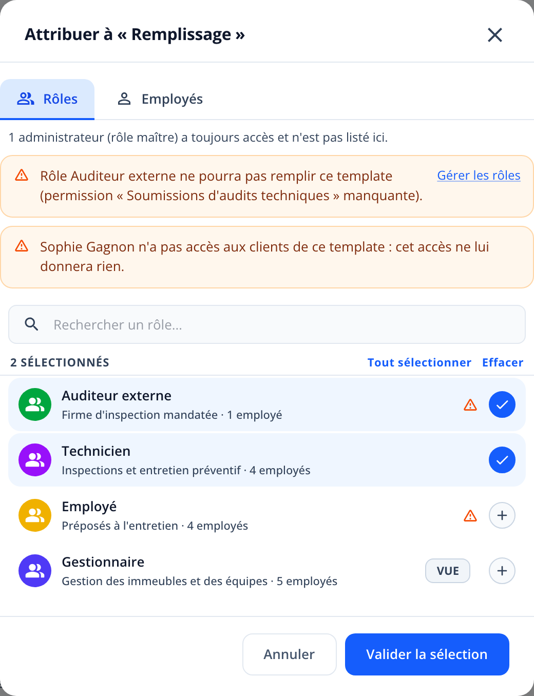 Capture : fenêtre « Attribuer à « Remplissage » », onglet Rôles; les rôles Auditeur externe et Technicien sont cochés, une alerte signale la permission manquante du rôle Auditeur externe.