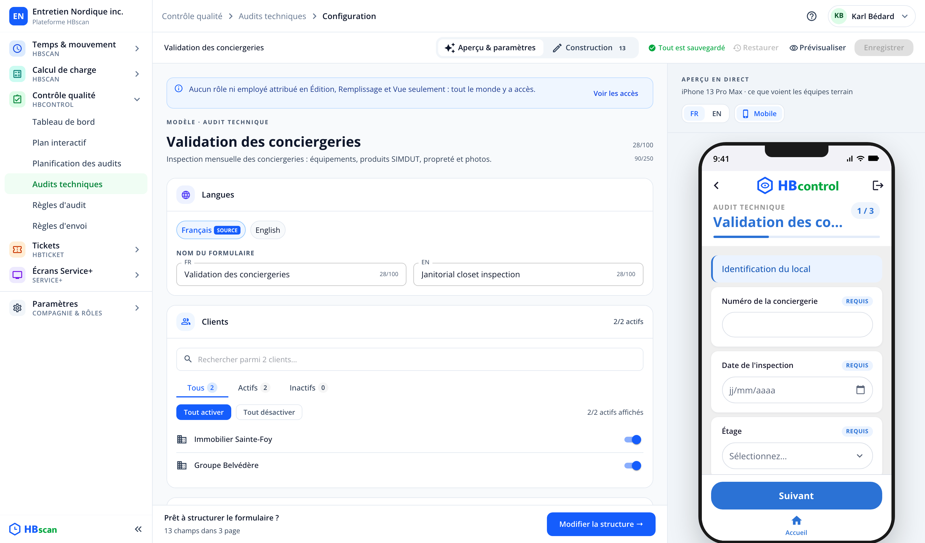 Capture : constructeur en mode « Aperçu & paramètres »; nom et description avec compteurs, cartes Langues et Clients, aperçu mobile iPhone à droite.