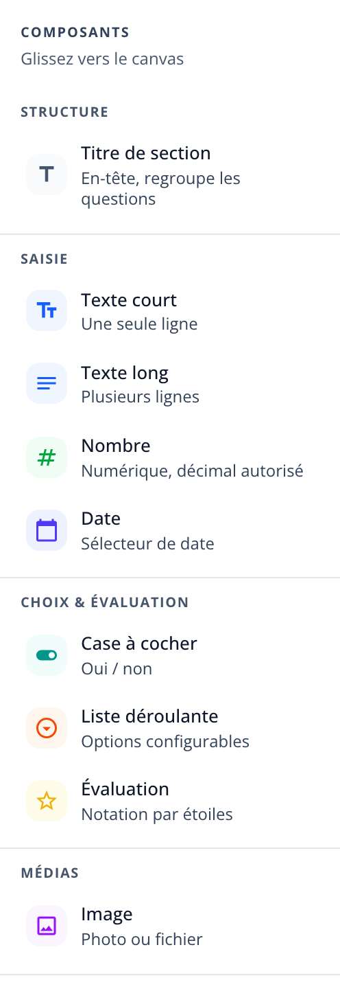 Capture : palette « COMPOSANTS » : Titre de section, Texte court, Texte long, Nombre, Date, Case à cocher, Liste déroulante, Évaluation, Image.