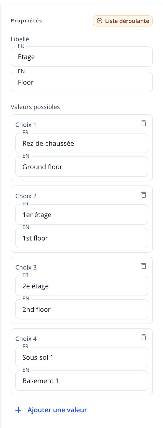 Capture : panneau « Propriétés » d'une liste déroulante; libellé FR et EN, valeurs possibles Choix 1 à 4 traduites, bouton « Ajouter une valeur ».