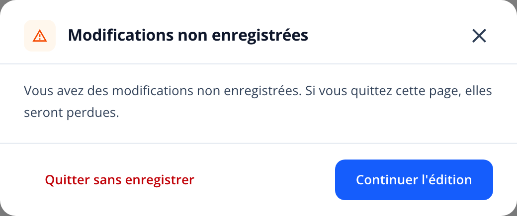 Capture : fenêtre « Modifications non enregistrées » avec les boutons « Quitter sans enregistrer » et « Continuer l'édition ».