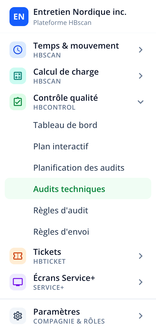 Capture: barre latérale du portail, module Contrôle qualité déplié avec la section Audits techniques surlignée.