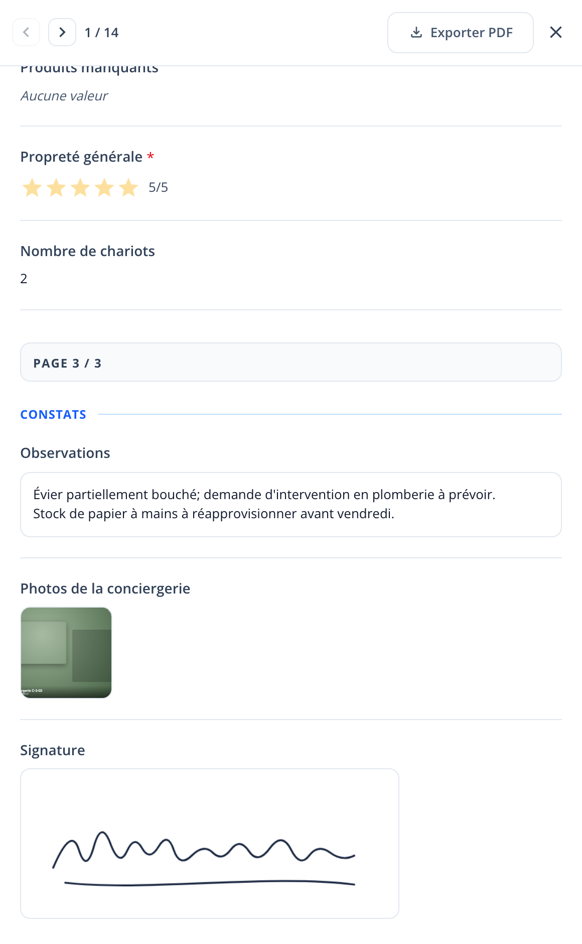 Capture : bas du détail d'une soumission; évaluation 5/5, nombre, texte long, vignette de photo et signature de l'auditeur.