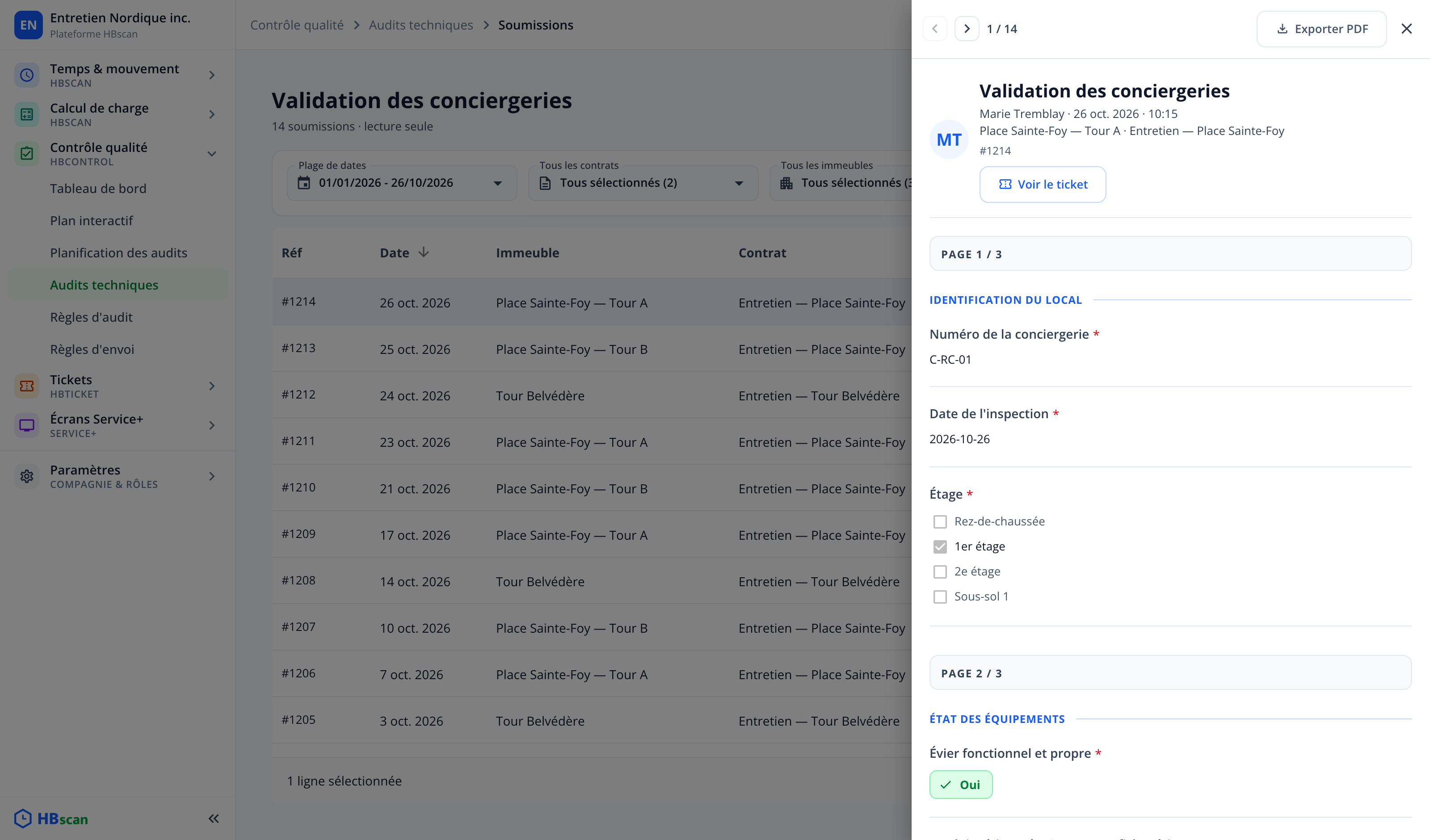 Capture : tiroir de détail d'une soumission; auditeur, date, immeuble, référence, bouton « Voir le ticket », page 1 avec les réponses.