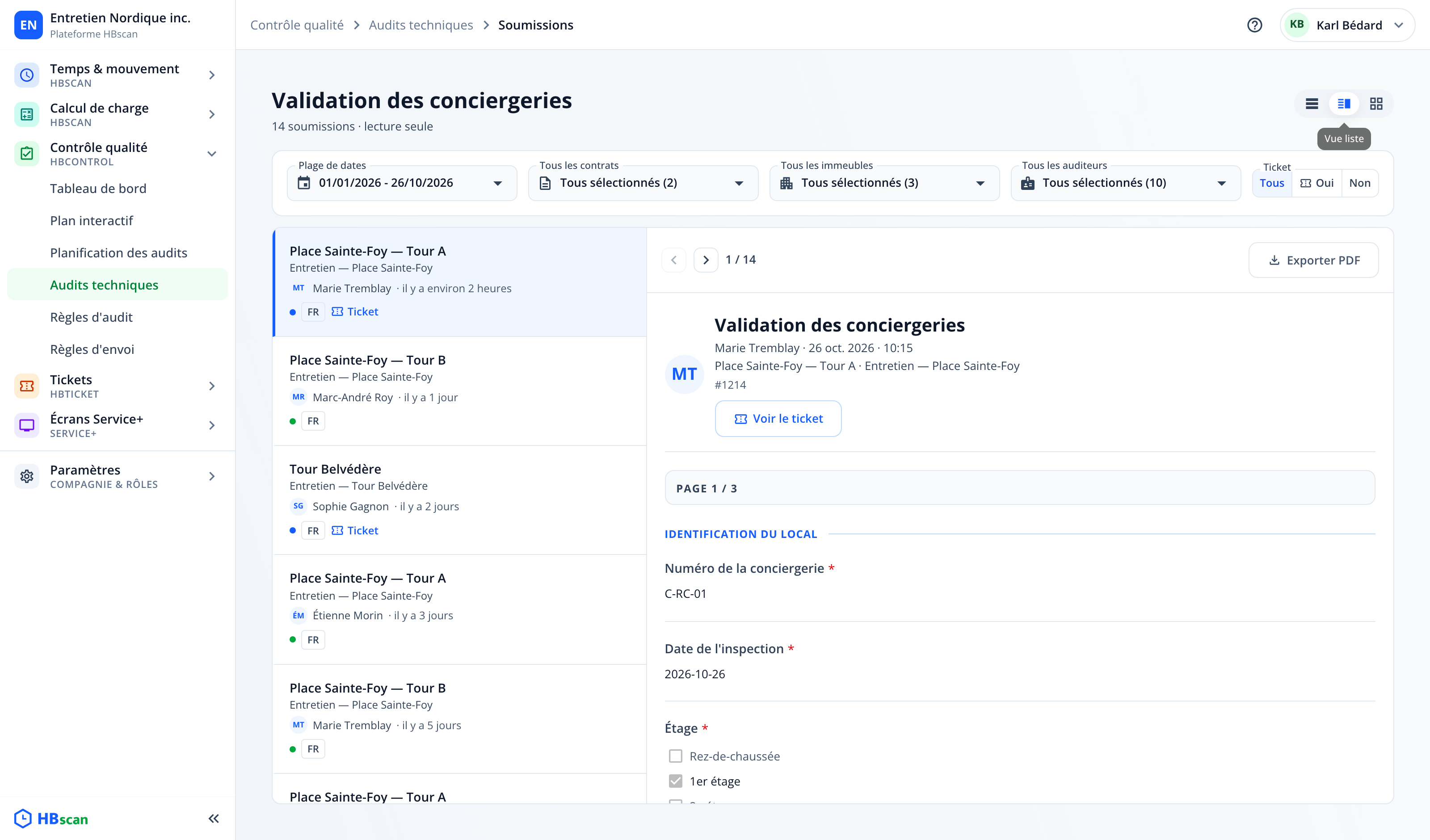 Capture : vue liste des soumissions; liste à gauche avec immeuble, contrat, auditeur et badges, détail de la soumission sélectionnée à droite.