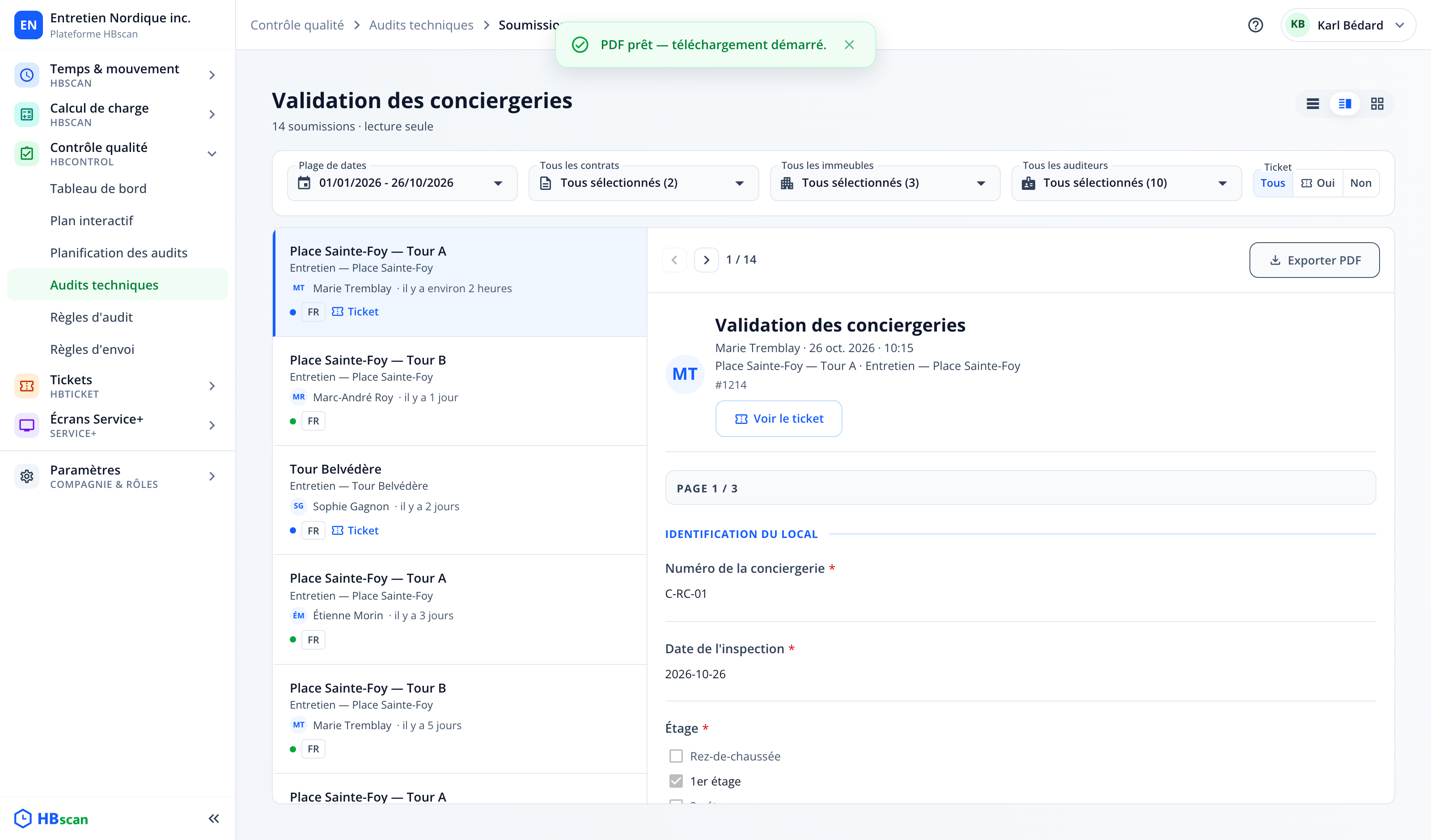 Capture : message « PDF prêt — téléchargement démarré. » affiché en haut de la page des soumissions après « Exporter PDF ».