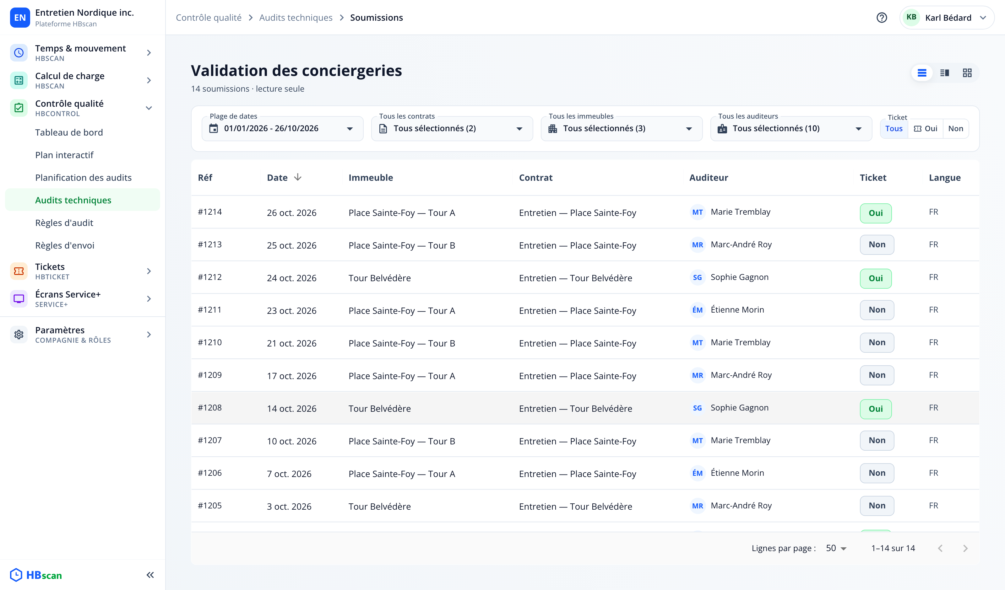 Capture : vue tableau des soumissions sur toute la période; colonnes Réf, Date, Immeuble, Contrat, Auditeur, Ticket, Langue.