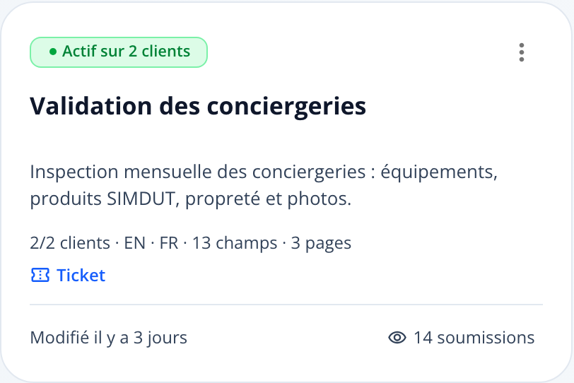 Capture : carte d'un formulaire; puce « Actif sur 2 clients », nom, description, ligne clients, langues, champs, pages, badge Ticket, date de modification et compteur « 14 soumissions ».