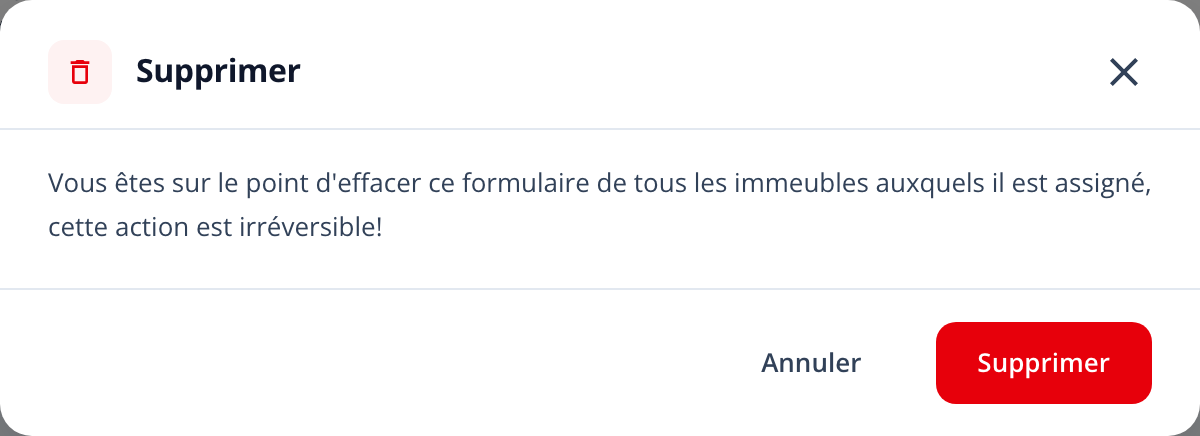 Capture : fenêtre de confirmation « Supprimer » avec l'avertissement d'action irréversible et les boutons Annuler et Supprimer.