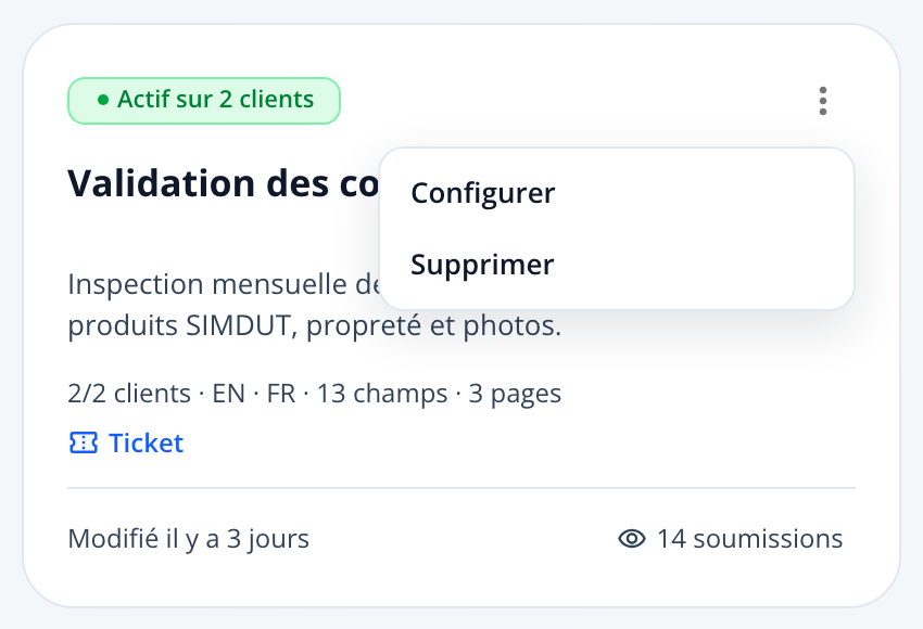 Capture : menu à trois points d'une carte de formulaire avec les entrées « Configurer » et « Supprimer ».