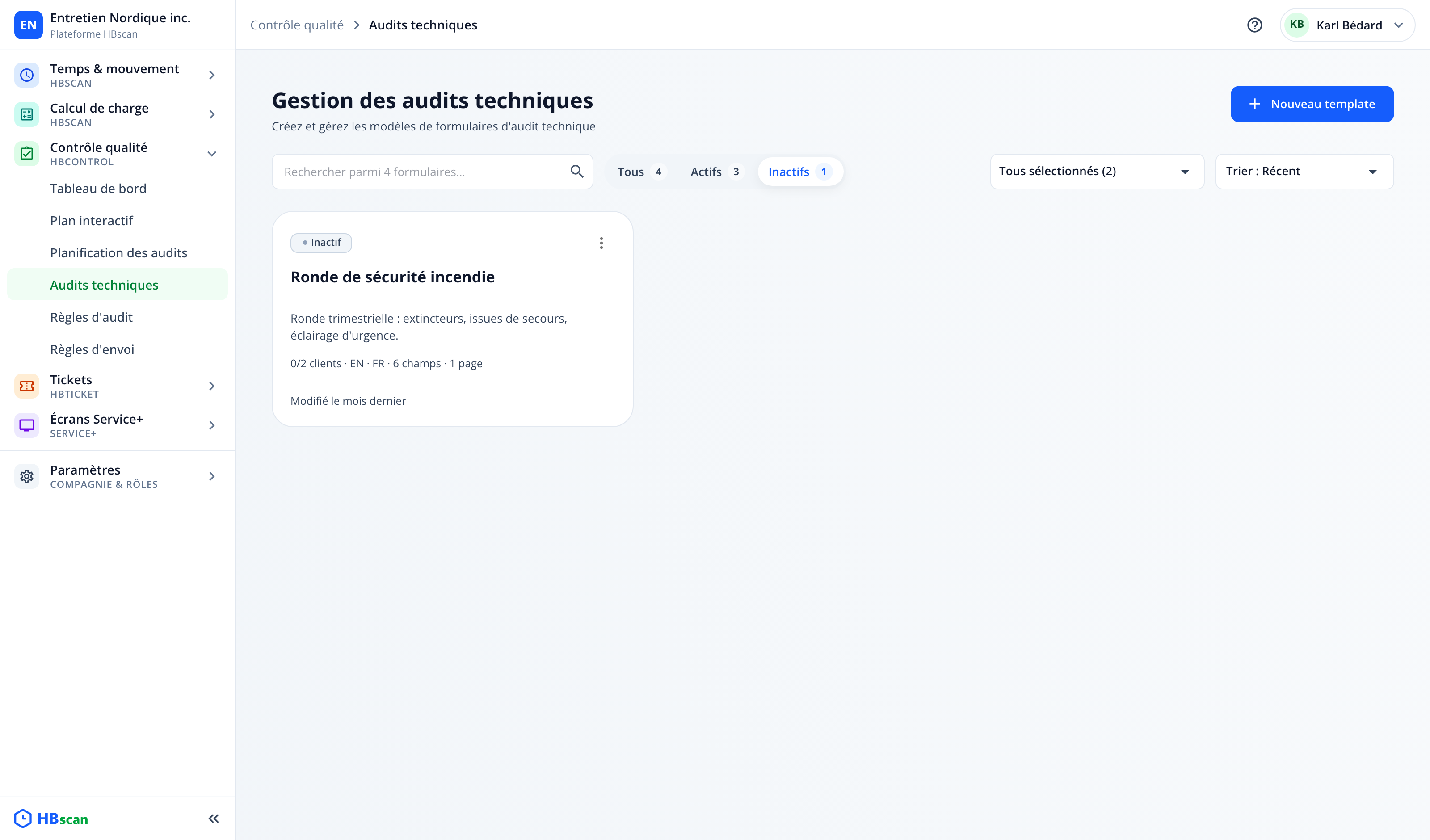 Capture : onglet « Inactifs » de la liste des formulaires; une carte « Inactif » sans client actif.
