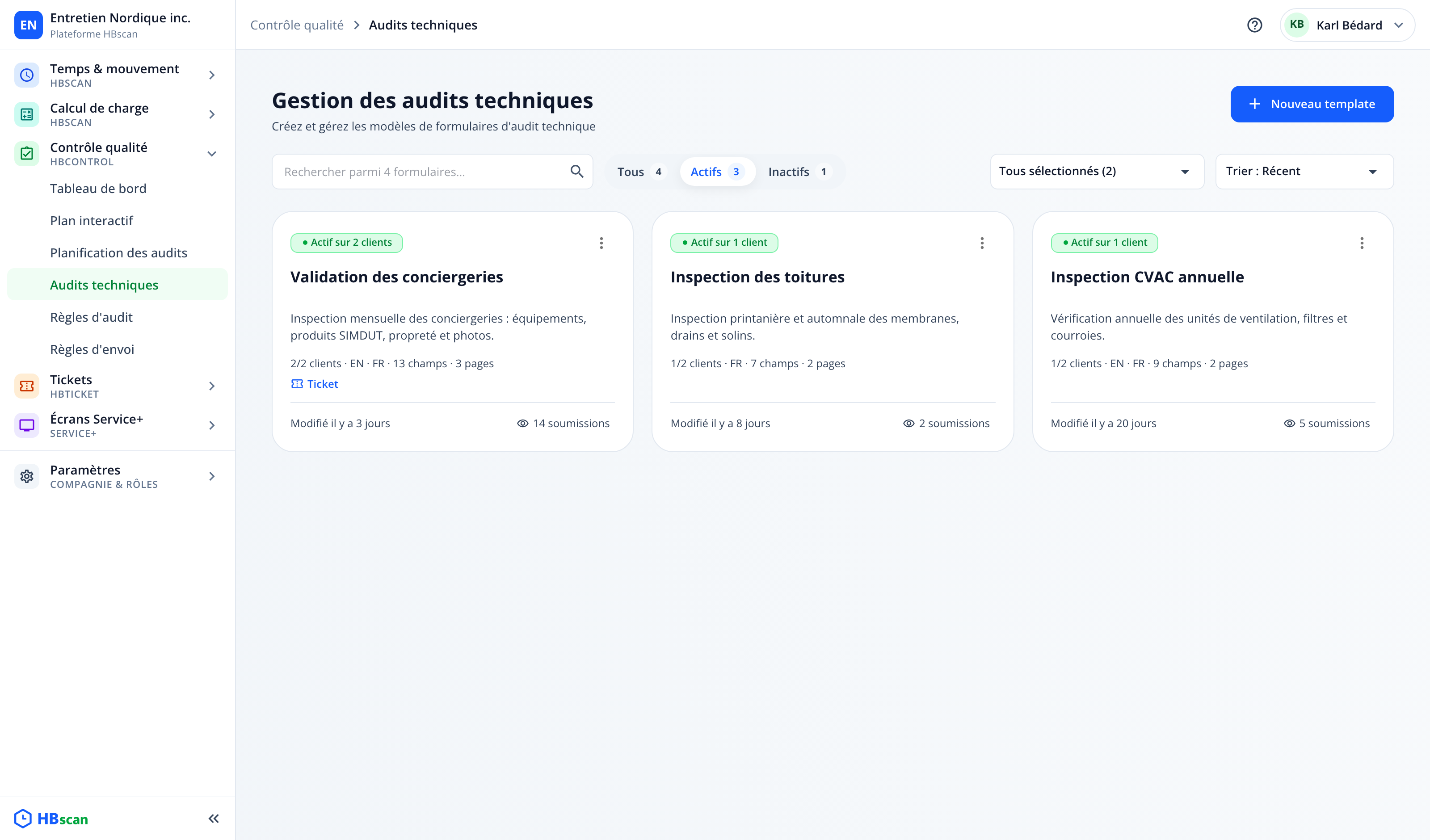 Capture : page « Gestion des audits techniques »; bouton « Nouveau template », recherche, onglets Tous, Actifs, Inactifs, filtre par client, tri, et une carte par formulaire.