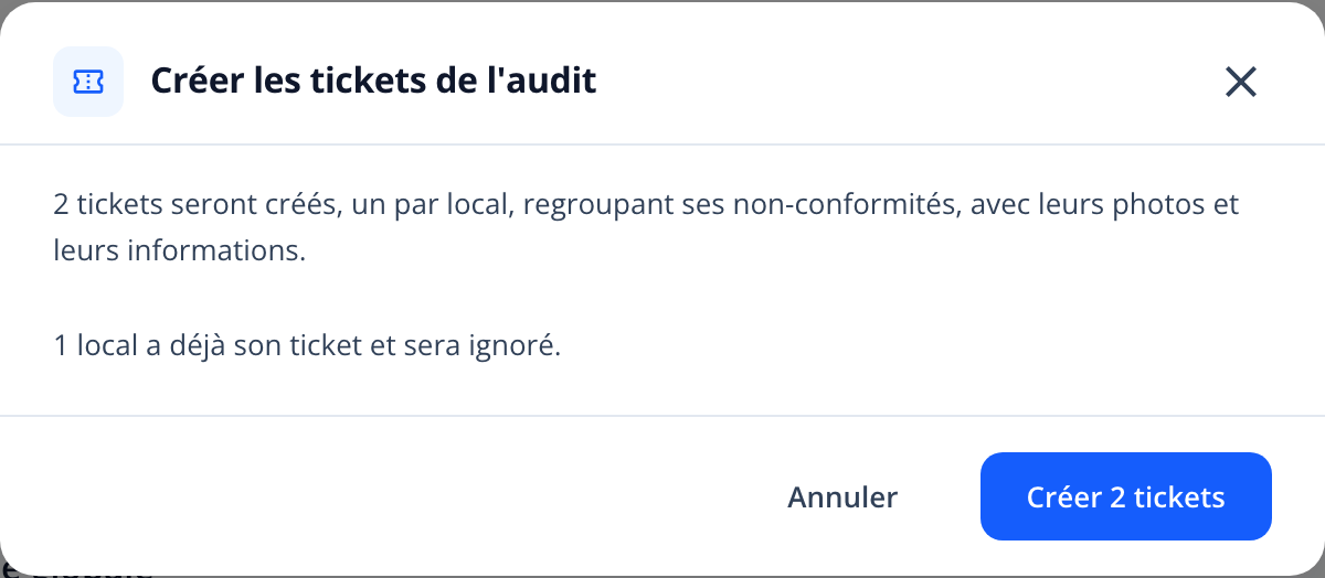 Capture : fenêtre de confirmation d'une relance; 2 tickets seront créés et le local qui a déjà son ticket sera ignoré.