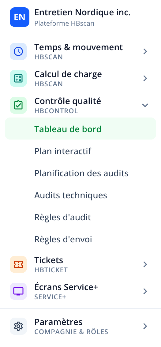 Capture: barre latérale du portail, module Contrôle qualité déplié avec la section Tableau de bord surlignée.