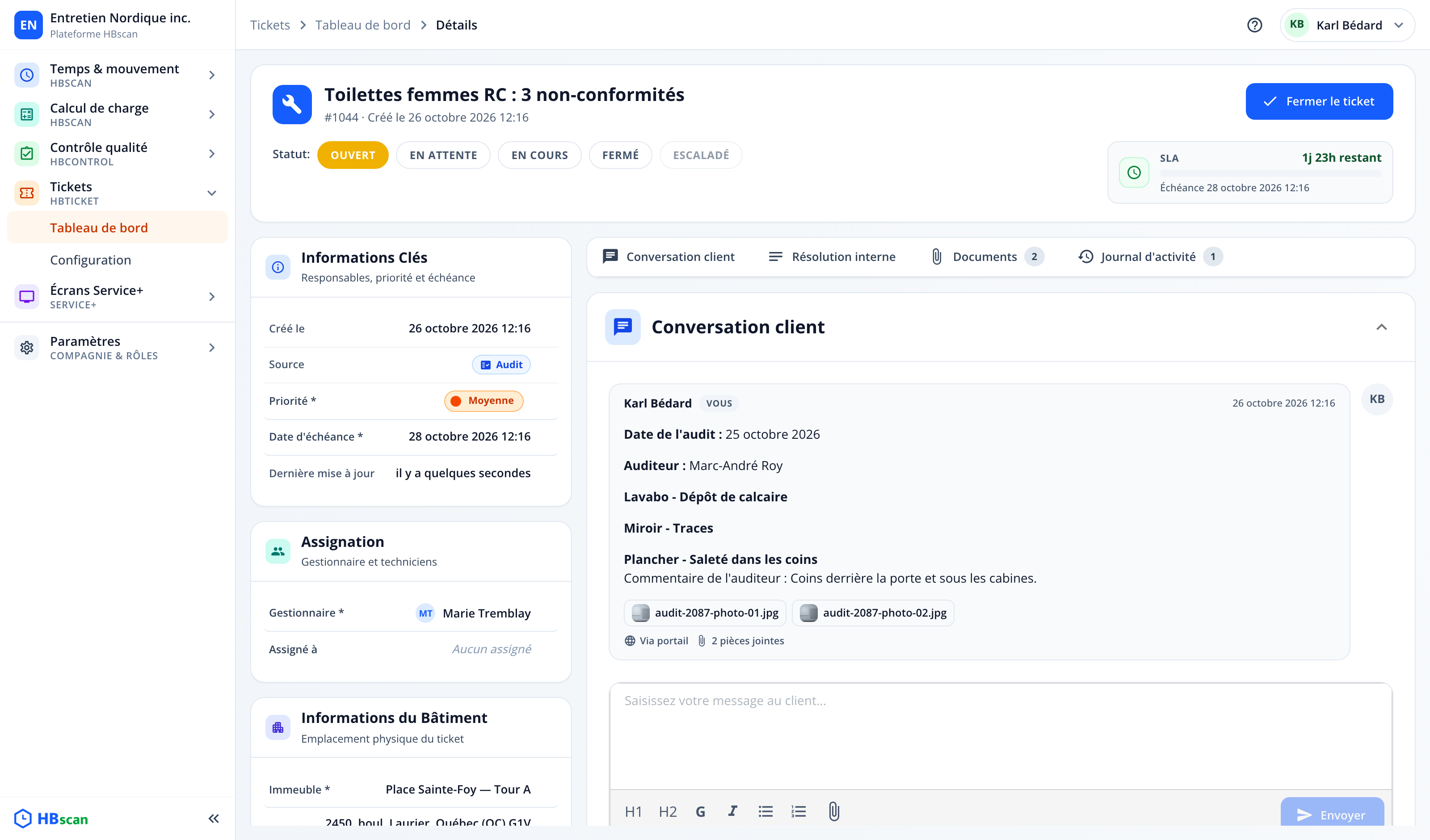 Capture : fiche d'un ticket créé depuis un audit; source Audit, priorité Moyenne, échéance à 48 heures, gestionnaire par défaut de l'immeuble et description de l'audit dans la conversation client.