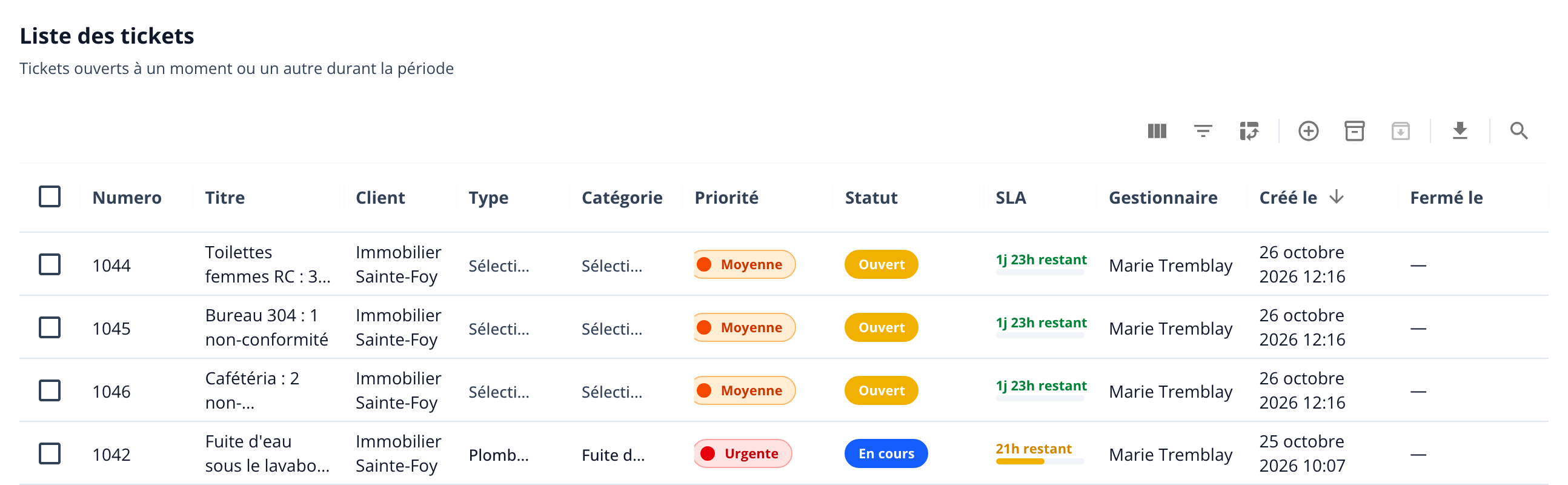 Capture : liste des tickets avec, en tête, les trois tickets créés depuis l'audit; priorité Moyenne, statut Ouvert, gestionnaire Marie Tremblay.