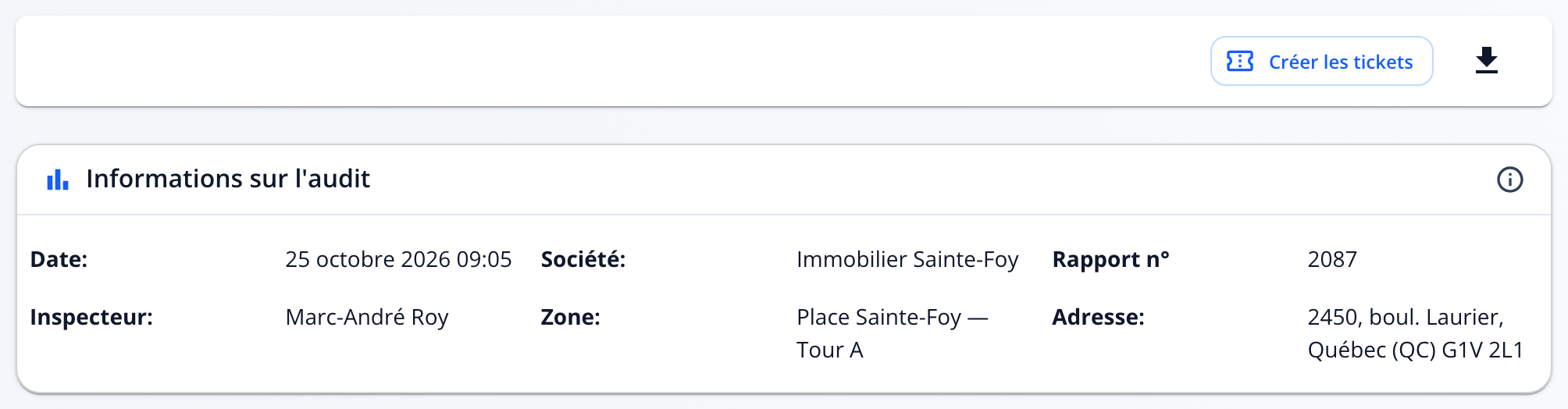 Capture : haut de la page d'un audit; bouton « Créer les tickets » à gauche de l'icône de téléchargement, puis la carte « Informations sur l'audit ».