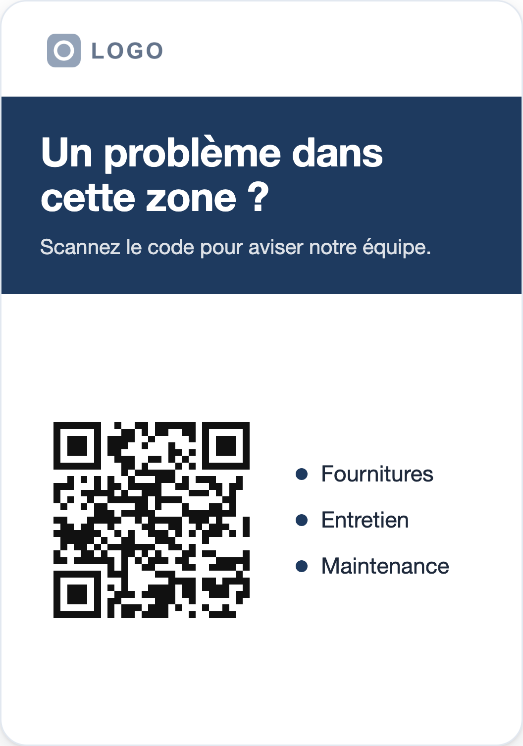 Illustration: autocollant de plainte générique au format 3,5 × 5 po; logo générique, titre « Un problème dans cette zone ? », consigne « Scannez le code pour aviser notre équipe. », code QR et liste Fournitures, Entretien, Maintenance.