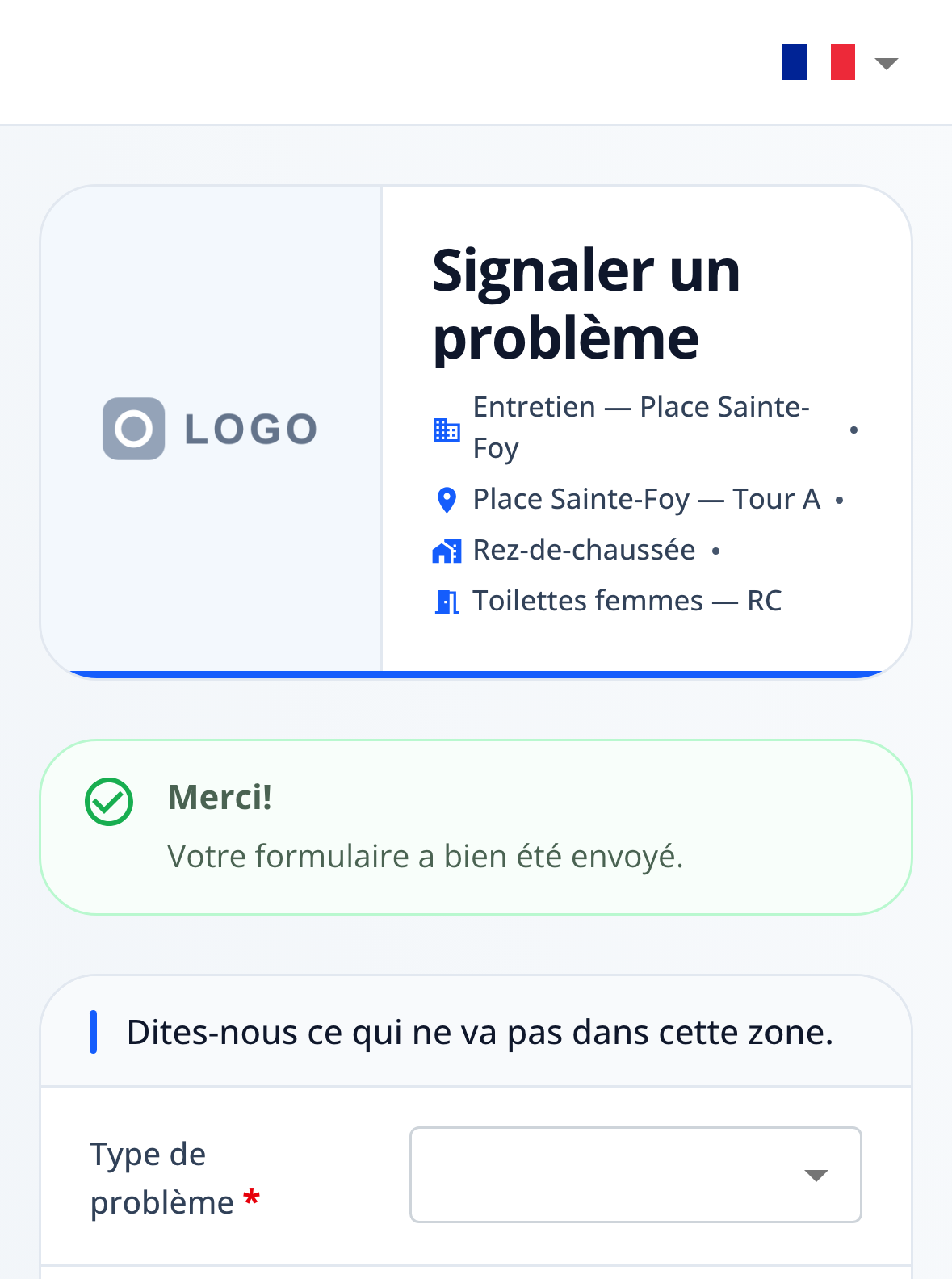 Capture: même formulaire après l'envoi; message vert « Merci! Votre formulaire a bien été envoyé. » sous l'en-tête, champs vidés pour une autre demande.