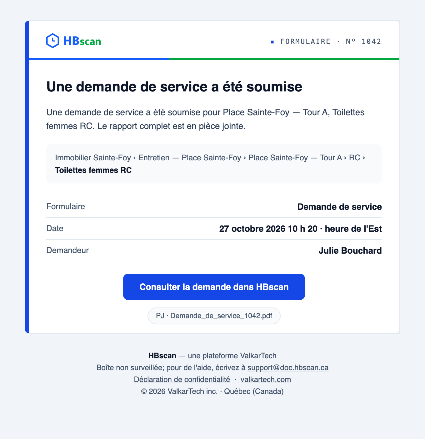 Capture : courriel HBscan « Une demande de service a été soumise »; emplacement, formulaire, date, demandeur, bouton « Consulter la demande dans HBscan » et pièce jointe PDF.