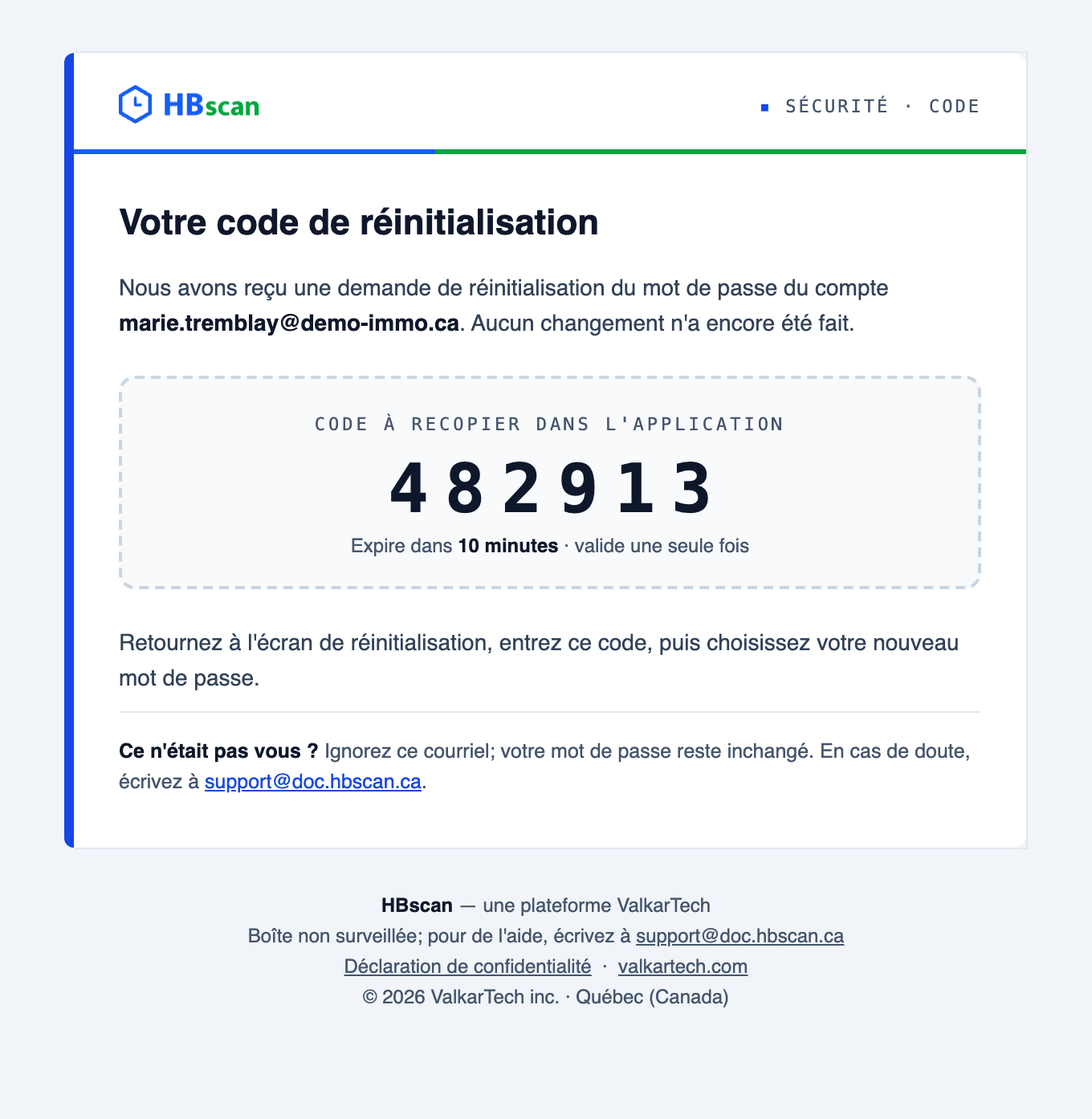 Capture : courriel « Votre code de réinitialisation »; encadré du code à 6 chiffres, mention « Expire dans 10 minutes · valide une seule fois » et consigne « Ce n'était pas vous ? ».