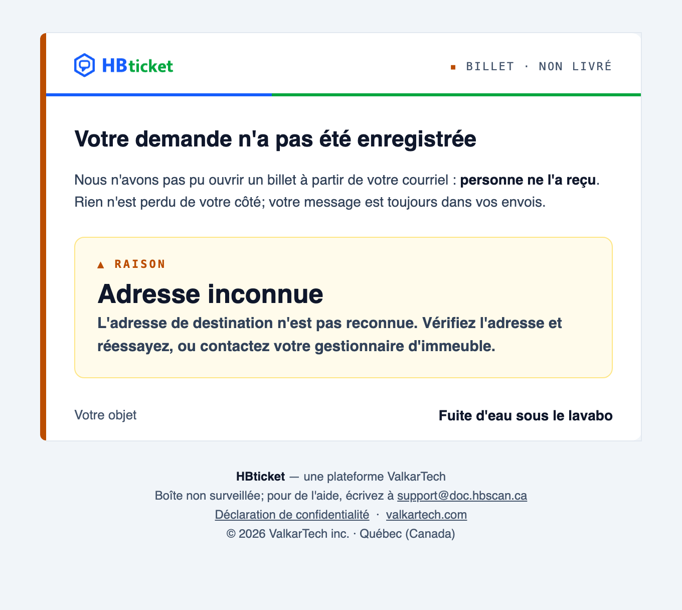 Capture : courriel HBticket « Votre demande n'a pas été enregistrée »; encadré orange « Raison : Adresse inconnue » et objet du courriel envoyé.