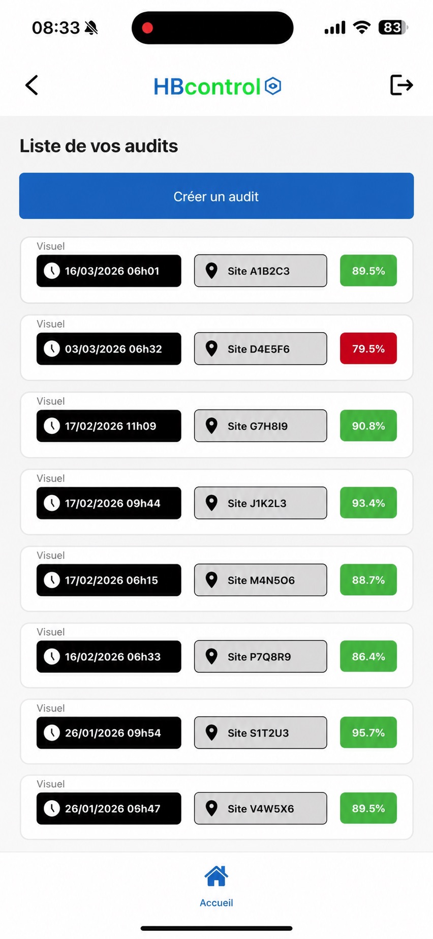 Capture: page « Liste de vos audits » avec le bouton bleu « Créer un audit » et l'historique des audits passés (dates, immeubles et taux de conformité).