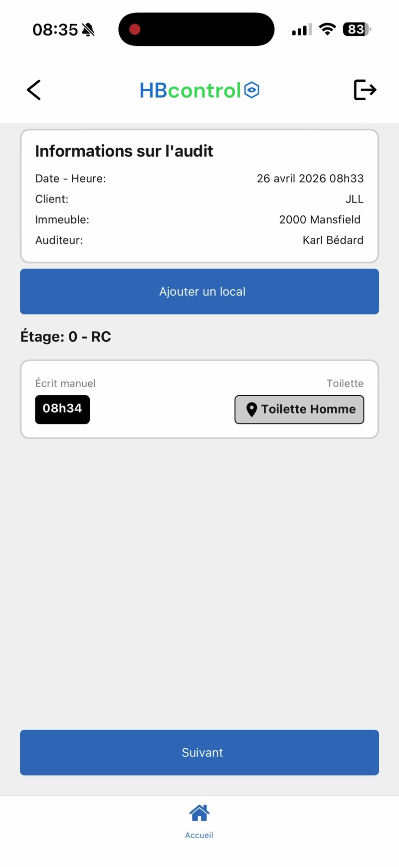 Capture: synthèse de l'audit avec la carte « Informations sur l'audit » en haut, le bouton « Ajouter un local » et la liste des locaux audités regroupés par étage.