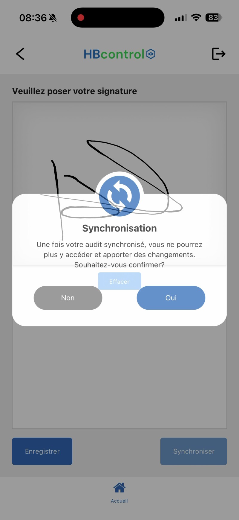 Capture: page de signature avec la modale « Synchronisation » avertissant que l'audit ne pourra plus être modifié après confirmation (boutons Non/Oui).