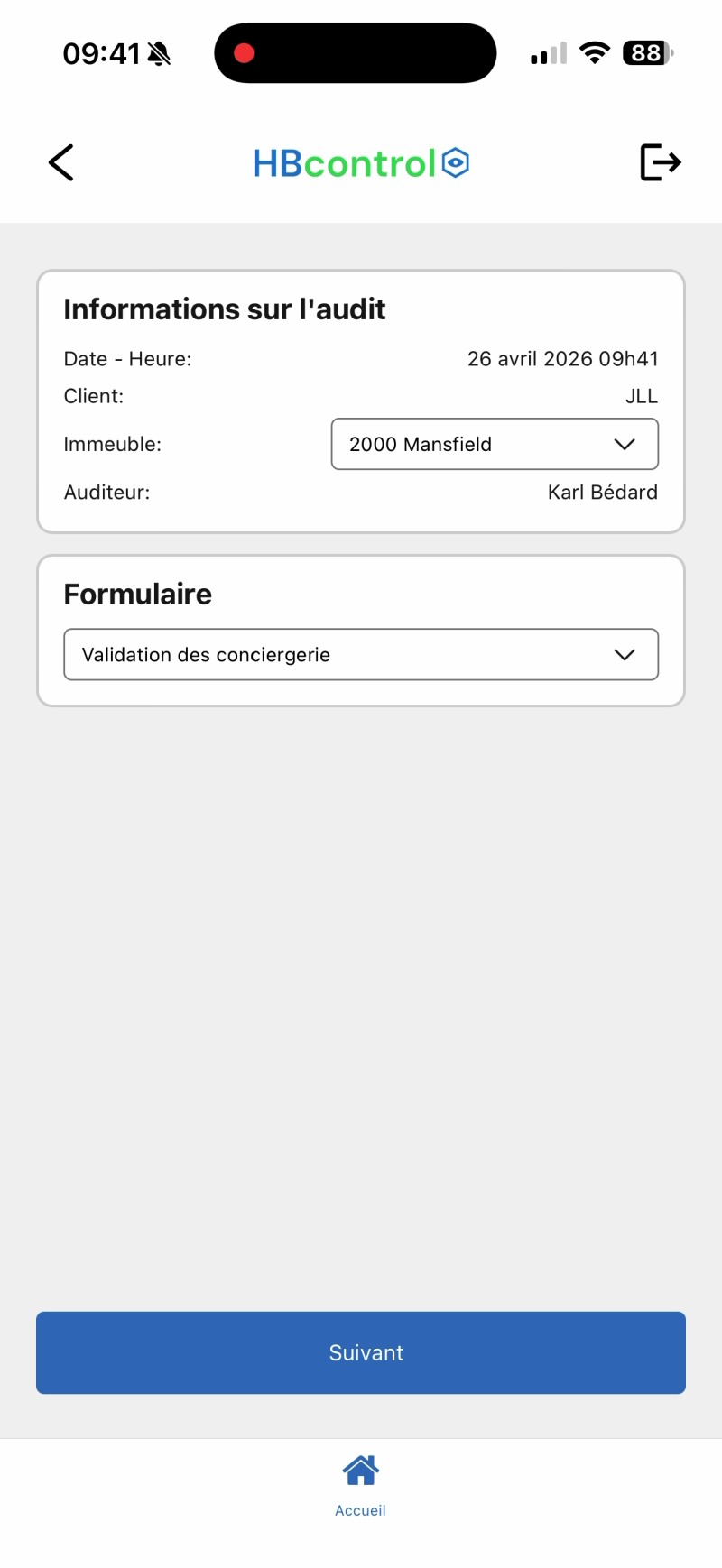 Capture: formulaire « Informations sur l'audit » pour un audit technique — Date/Heure, Client, Immeuble, Auditeur, et liste « Formulaire » avec « Validation des conciergerie » sélectionné.