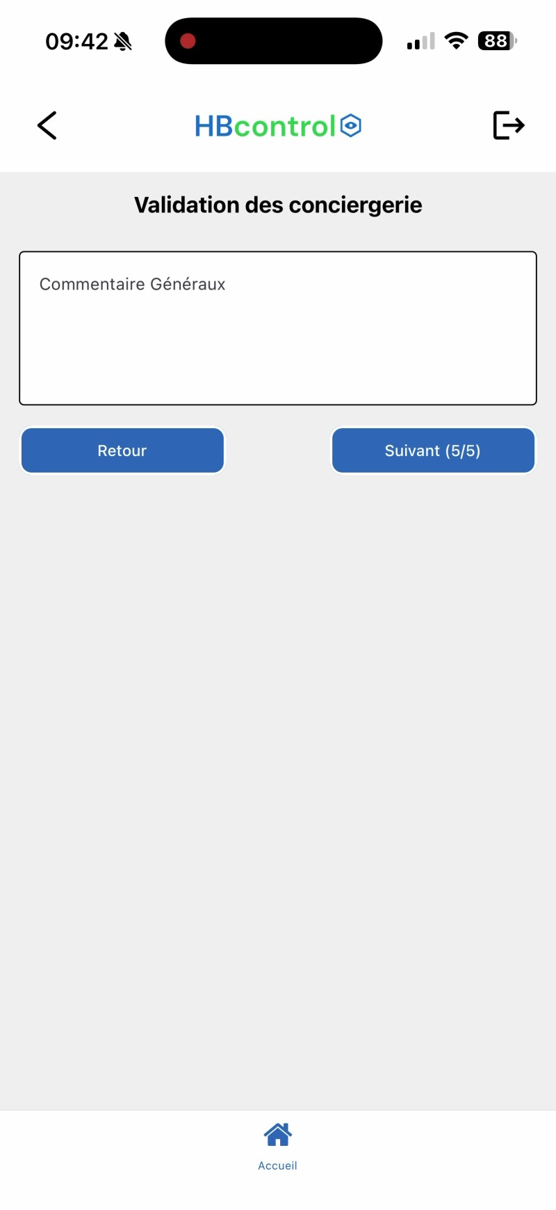 Capture: dernière page du formulaire avec un seul champ « Commentaire Généraux » et le bouton « Suivant (5/5) » qui mène à la signature.