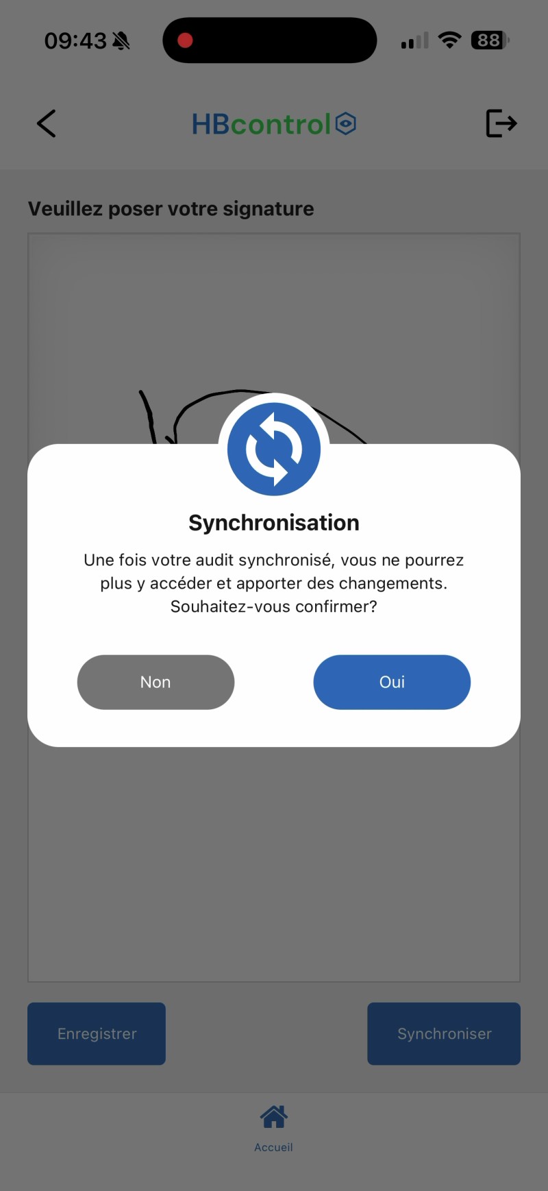 Capture: modale « Synchronisation » par-dessus la page de signature — texte d'avertissement « action irréversible » et boutons Non / Oui.
