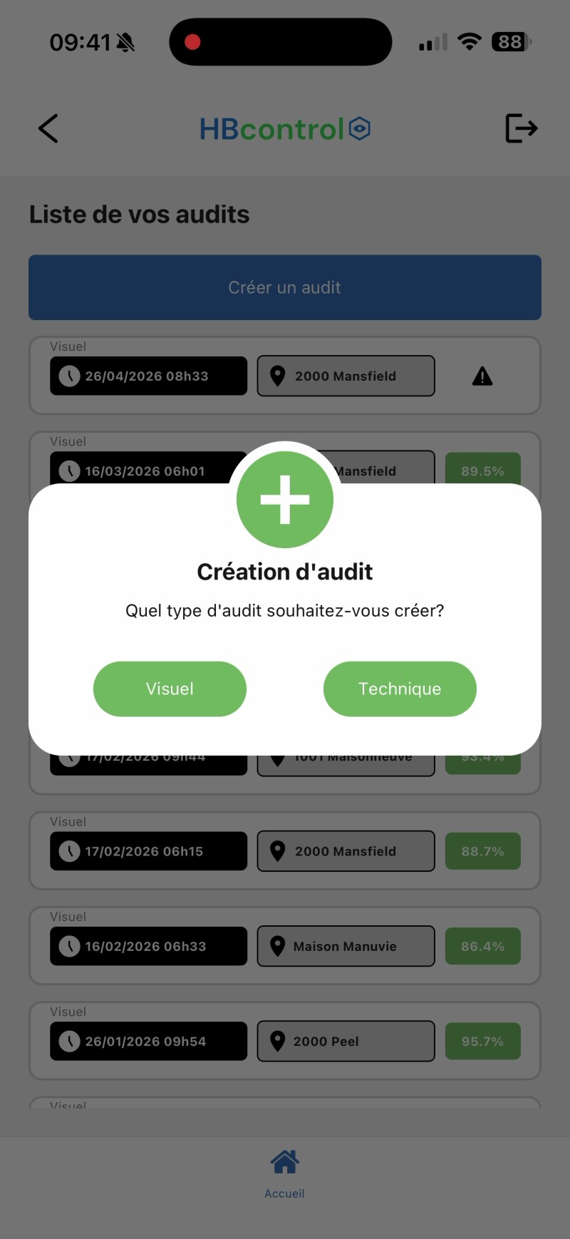 Capture: modale « Création d'audit / Quel type d'audit souhaitez-vous créer? » avec deux boutons verts Visuel et Technique.