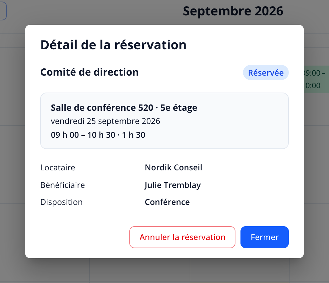 Capture: fenêtre « Détail de la réservation »; titre, pastille de statut « Réservée », local et étage, date, période et durée, Locataire, Bénéficiaire, Disposition, boutons « Annuler la réservation » et « Fermer ».