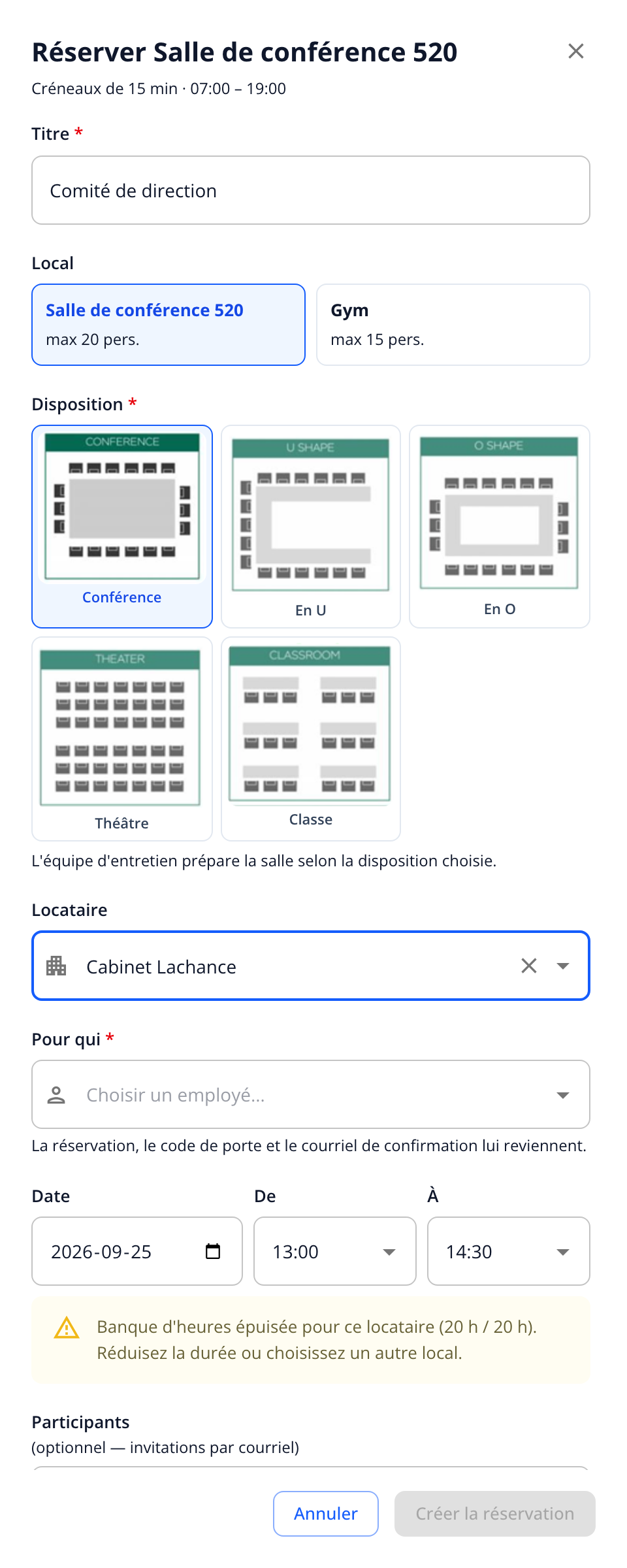 Capture: même tiroir avec l'avertissement orange « Banque d'heures épuisée pour ce locataire (20 h / 20 h). Réduisez la durée ou choisissez un autre local. » et le bouton « Créer la réservation » désactivé.