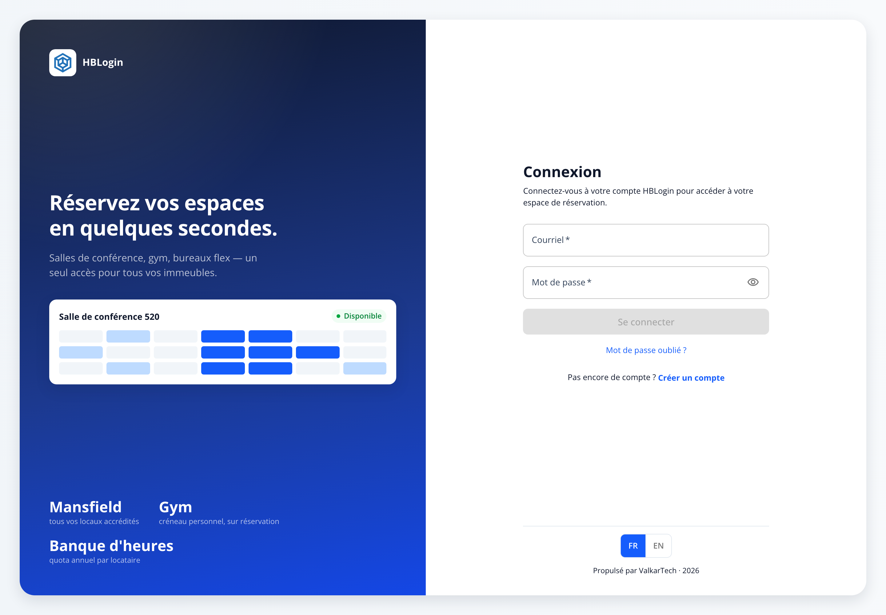 Capture: page de connexion du portail de réservation HBlogin (reservation.hblogin.ca); panneau bleu « Réservez vos espaces en quelques secondes », formulaire Connexion avec Courriel, Mot de passe, bouton « Se connecter », liens « Mot de passe oublié ? » et « Créer un compte », bascule FR/EN.