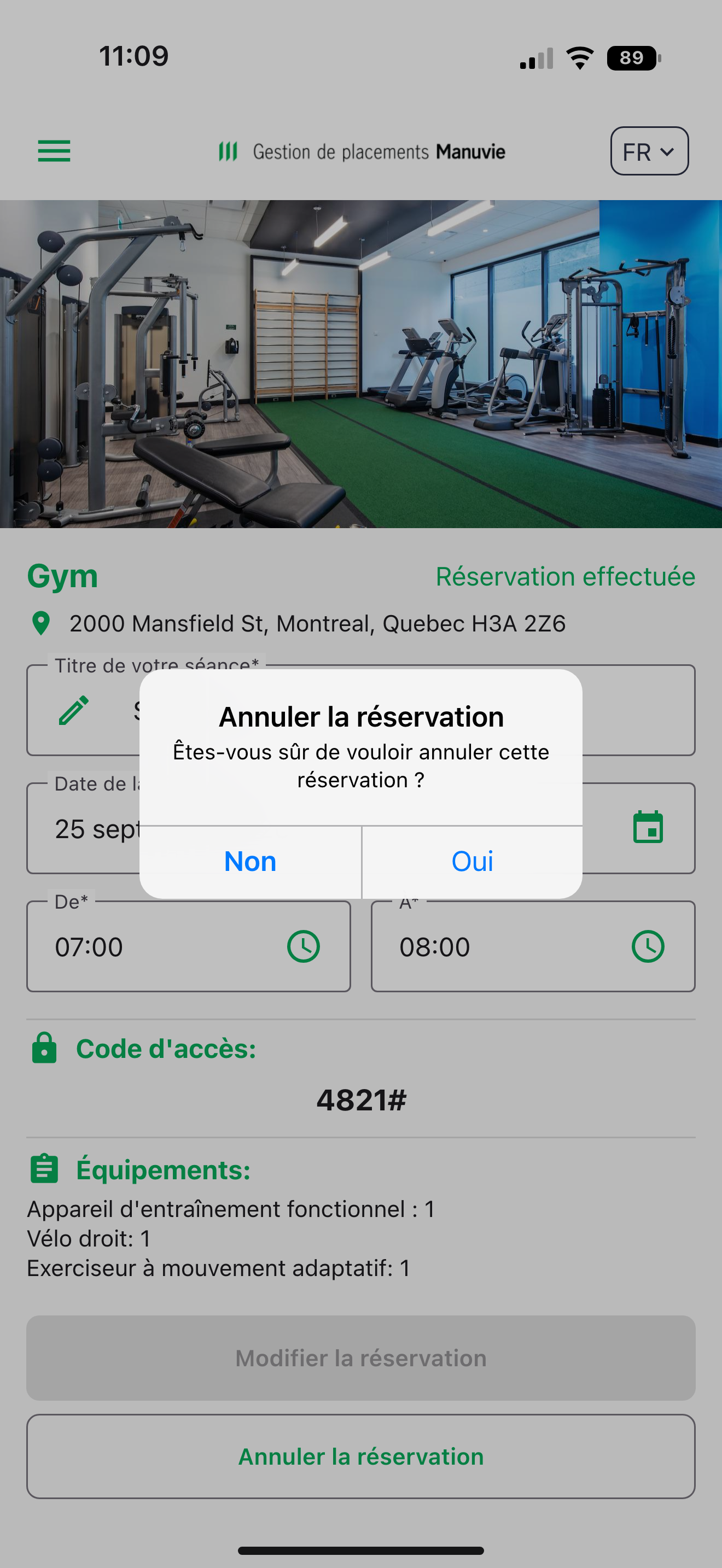 Capture: alerte « Annuler la réservation » avec la question « Êtes-vous sûr de vouloir annuler cette réservation ? » et les boutons Non et Oui.