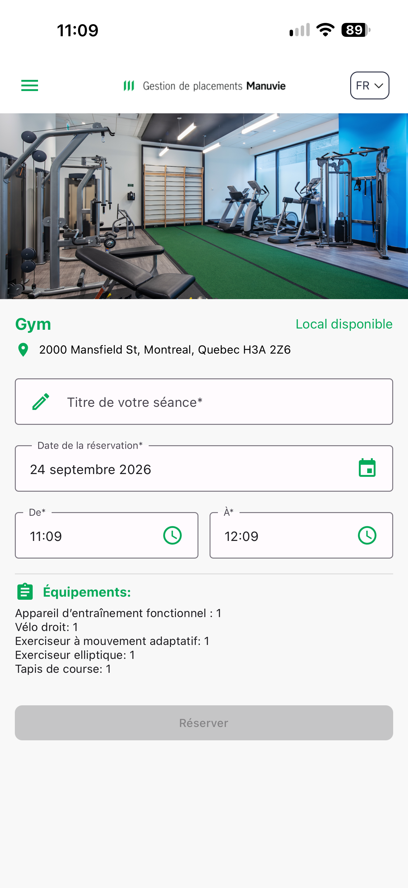 Capture: formulaire de réservation du Gym; photo de la salle, nom « Gym » et mention « Local disponible », adresse de l'immeuble, champ « Titre de votre séance* », « Date de la réservation* », « De* » et « À* », liste « Équipements » et bouton « Réserver » grisé.