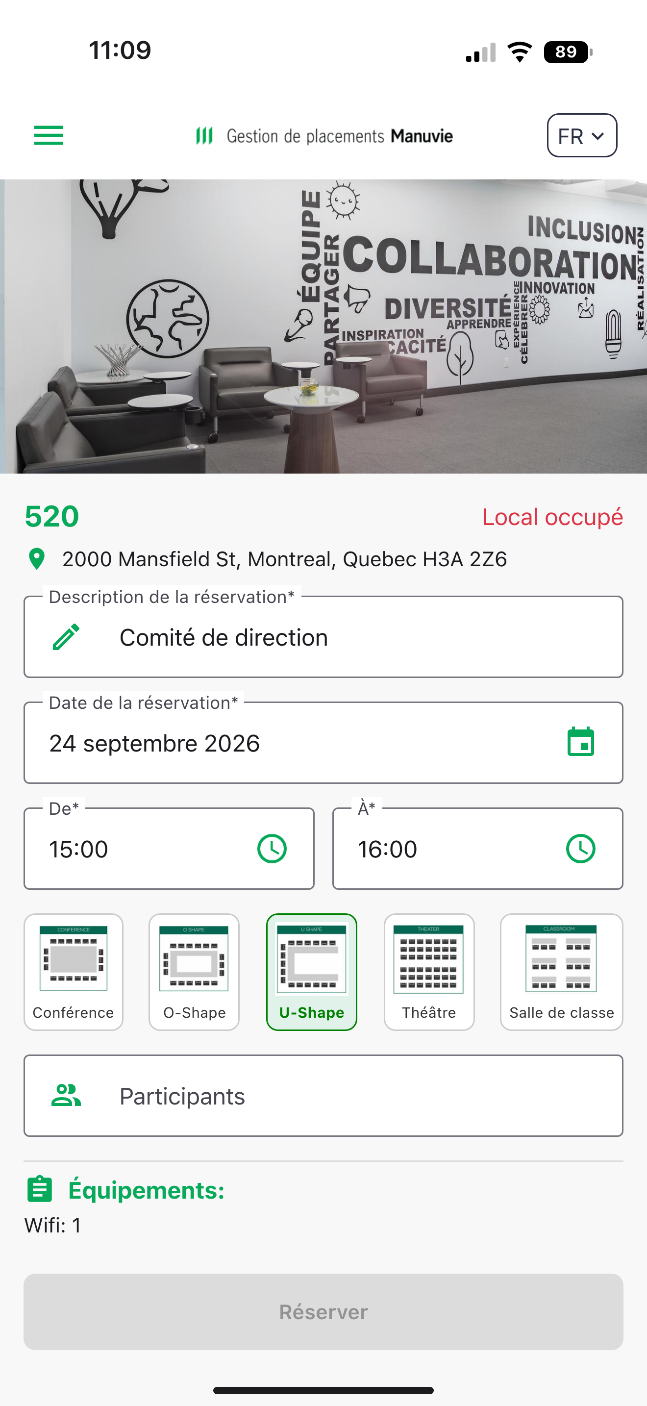 Capture: formulaire de la salle 520 avec la mention rouge « Local occupé » et le bouton « Réserver » grisé.