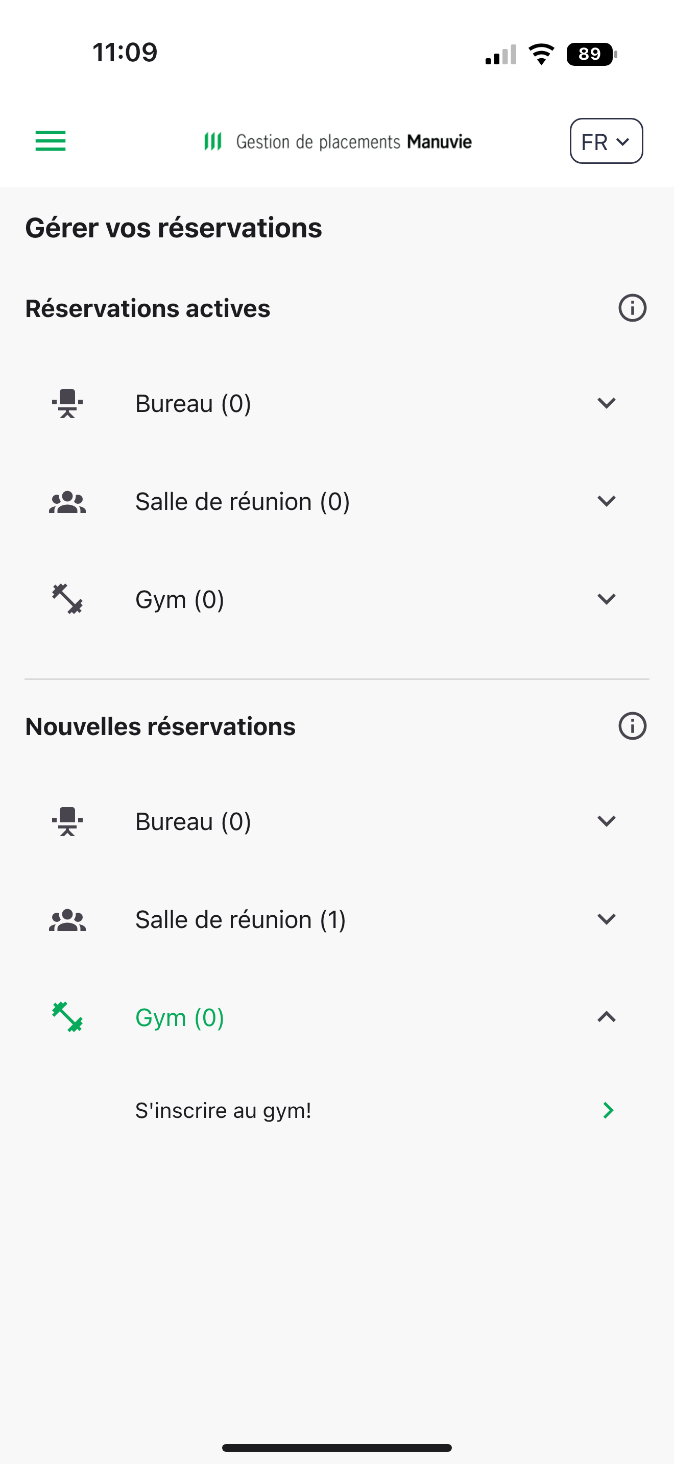 Capture: écran « Gérer vos réservations » avec la catégorie Gym (0) dépliée et la ligne verte « S'inscrire au gym! ».