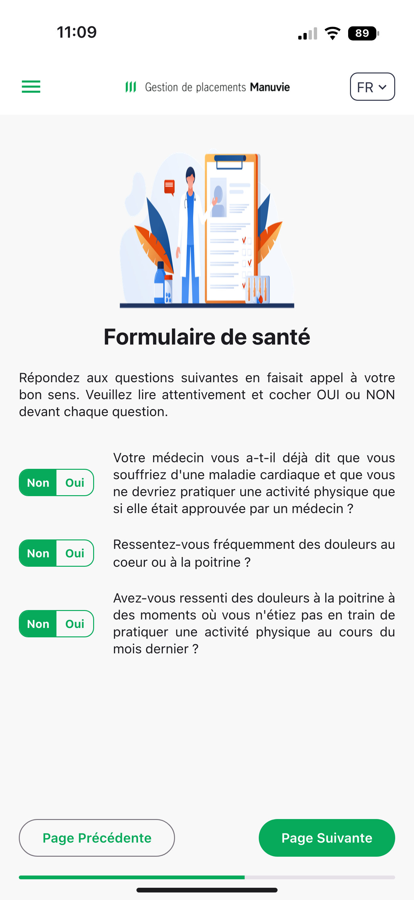 Capture: étape « Formulaire de santé »; consigne, questions avec bascule Non / Oui, boutons « Page Précédente » et « Page Suivante ».