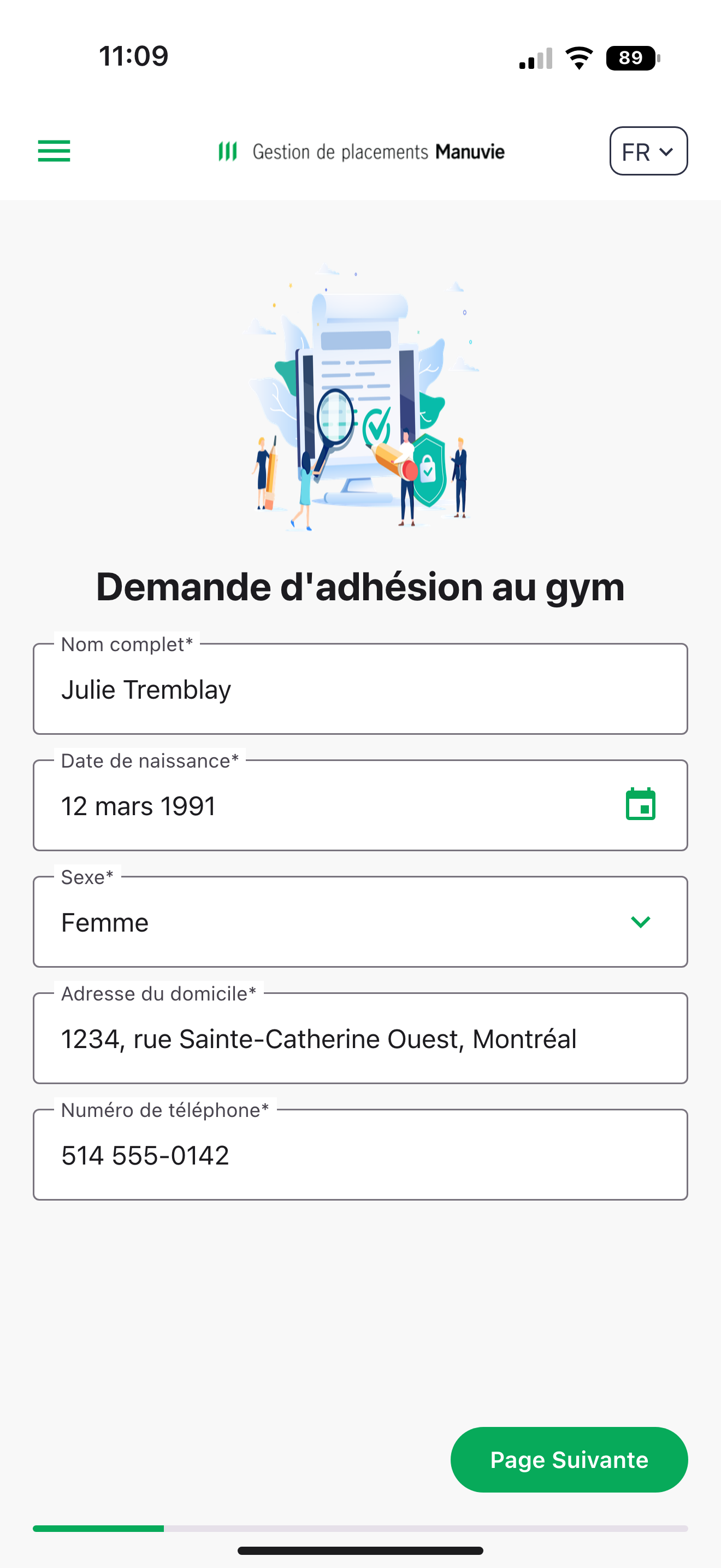 Capture: étape « Demande d'adhésion au gym »; champs Nom complet*, Date de naissance*, Sexe*, Adresse du domicile*, Numéro de téléphone*, bouton « Page Suivante » et barre de progression.