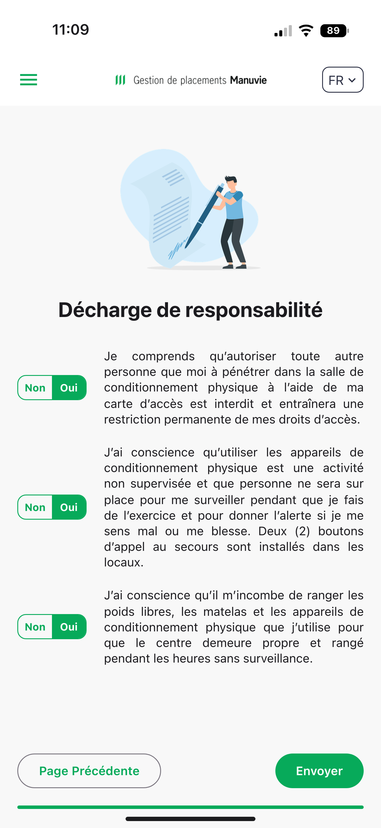Capture: étape « Décharge de responsabilité »; engagements avec bascule Non / Oui réglée sur Oui, boutons « Page Précédente » et « Envoyer ».